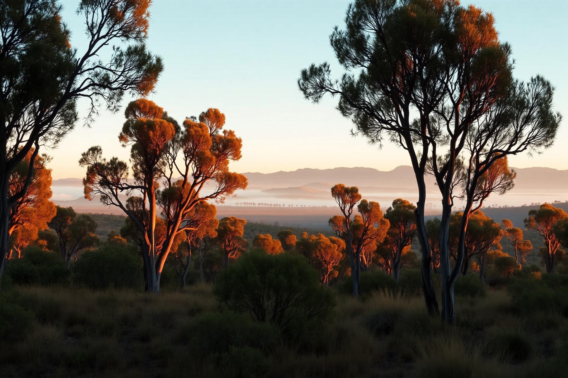 Eucalypt bushland on Country at dawn, mist on distant ranges.